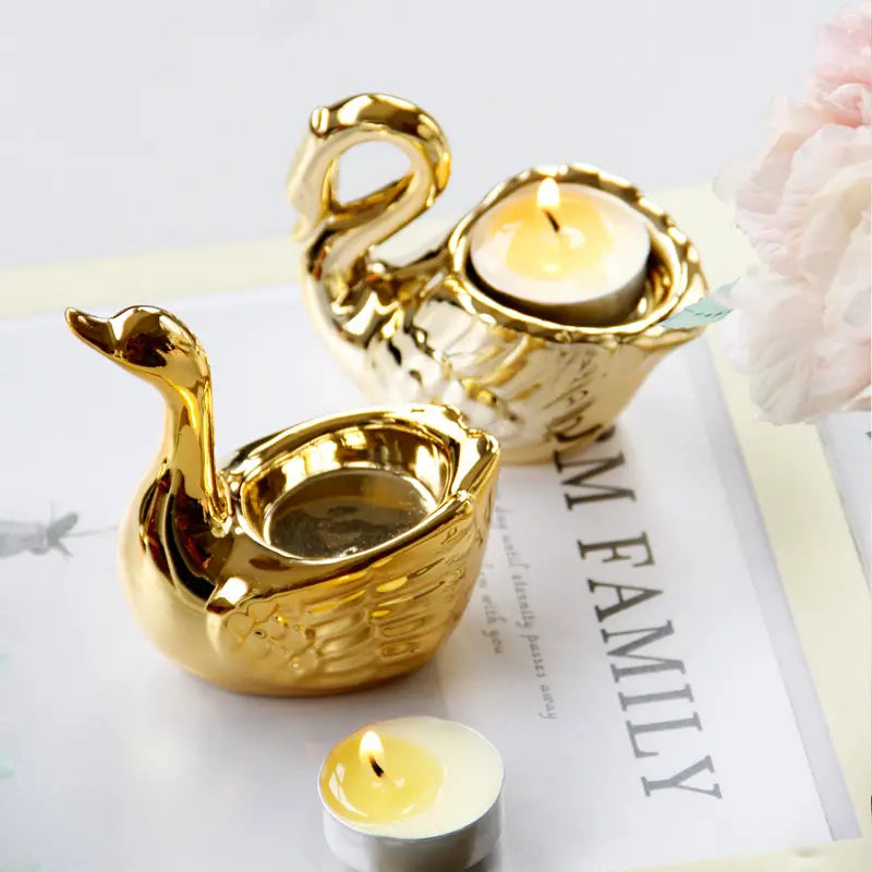 Golden Ceramic Swan Candle Holder for Romantic Decor