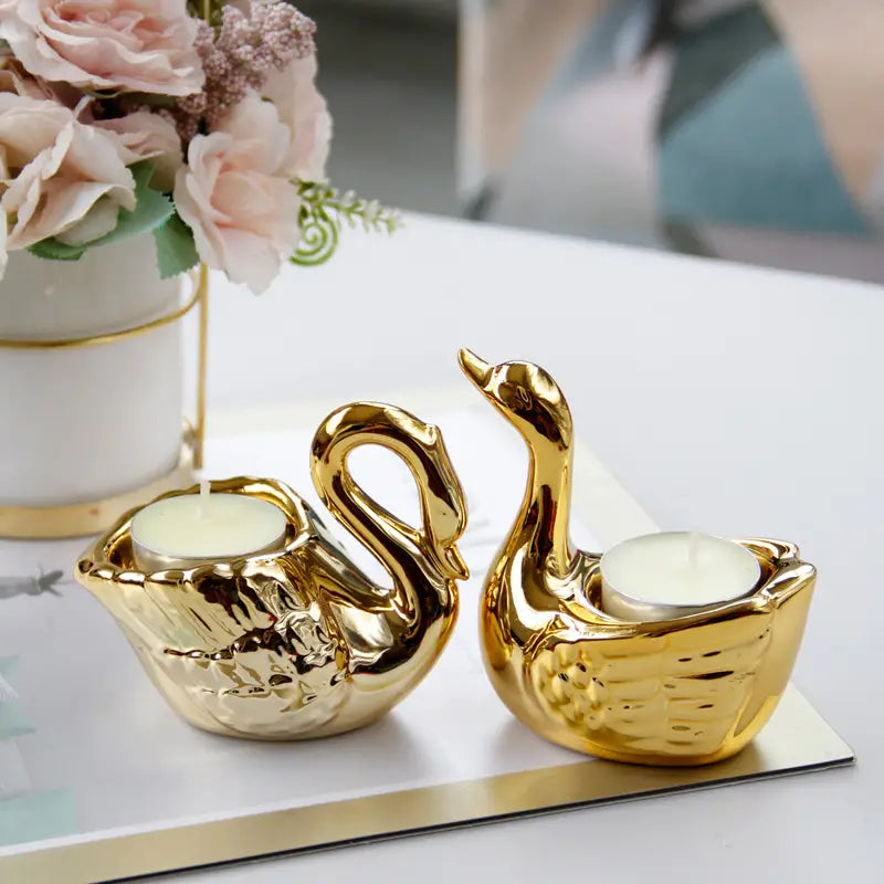 Golden Ceramic Swan Candle Holder for Romantic Decor