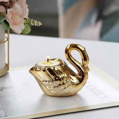 Golden Ceramic Swan Candle Holder for Romantic Decor
