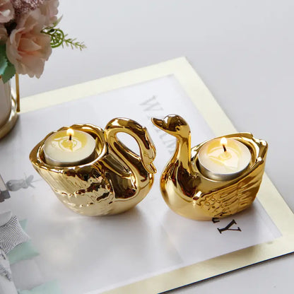 Golden Ceramic Swan Candle Holder for Romantic Decor